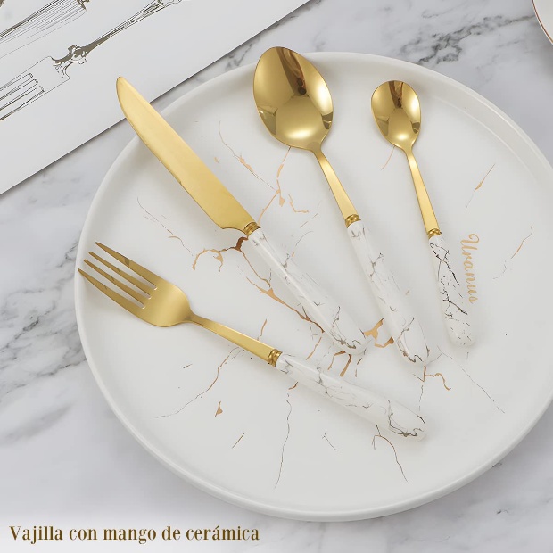 Imagen de Juego de 24 piezas de cubiertos de ceramica color oro numero 1