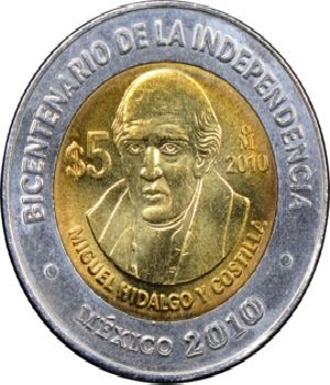 Imagen de Moneda Miguel Hidalgo 5 pesos bicentenario de la Independencia Mexico 2010