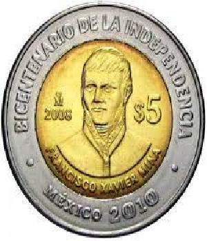 Imagen de Moneda de 5 pesos Francisco Xavier Mina Centenario de la Revolucion Circula