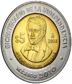 Imagen de Moneda de 5 pesos Hermenegildo Galeana 2008 Bicentenario de la Independenci numero 0