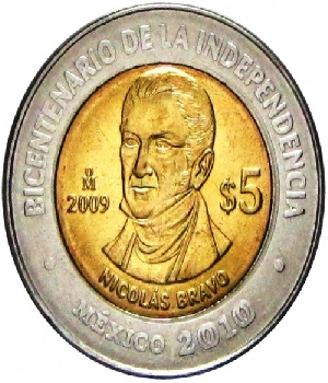 Imagen de Nicolas Bravo Moneda de 5 pesos Bicentenario de la Independencia de Mexico numero 0