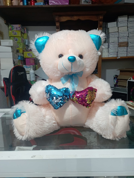 Imagen de Oso de peluche claro con detalles azules de 40 cm numero 1