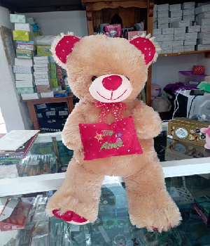 Imagen de Oso de peluche grande color cafe con rojo 75 cms con cojin