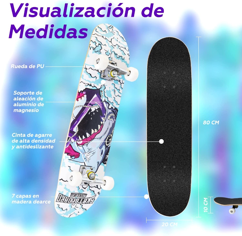 Imagen de Patineta skateboarding diseño de tiburon adulto y niños